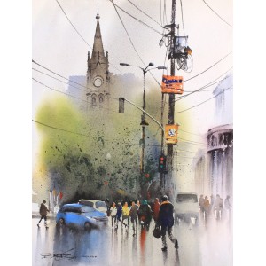 Sarfraz Musawir, Tower Karachi, 11 x 15 Inch, Watercolor on Paper, Cityscape Painting, AC-SAR-164